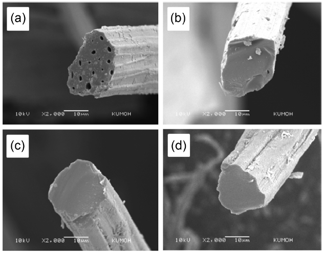 Scanning electron microscopy micrographs showing the crosssections of untreated and pre-treated kenaf fibers carbonized at 700℃: (a) untreated (b) 5 wt% NaOH (c) 10 wt% NaOH and (d) 15 wt% NaOH.