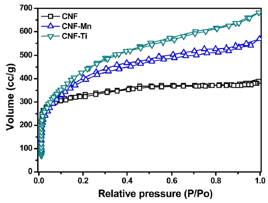 Nitrogen-adsorption curves of the samples at 77 K. CNF: carbon nanofiber.