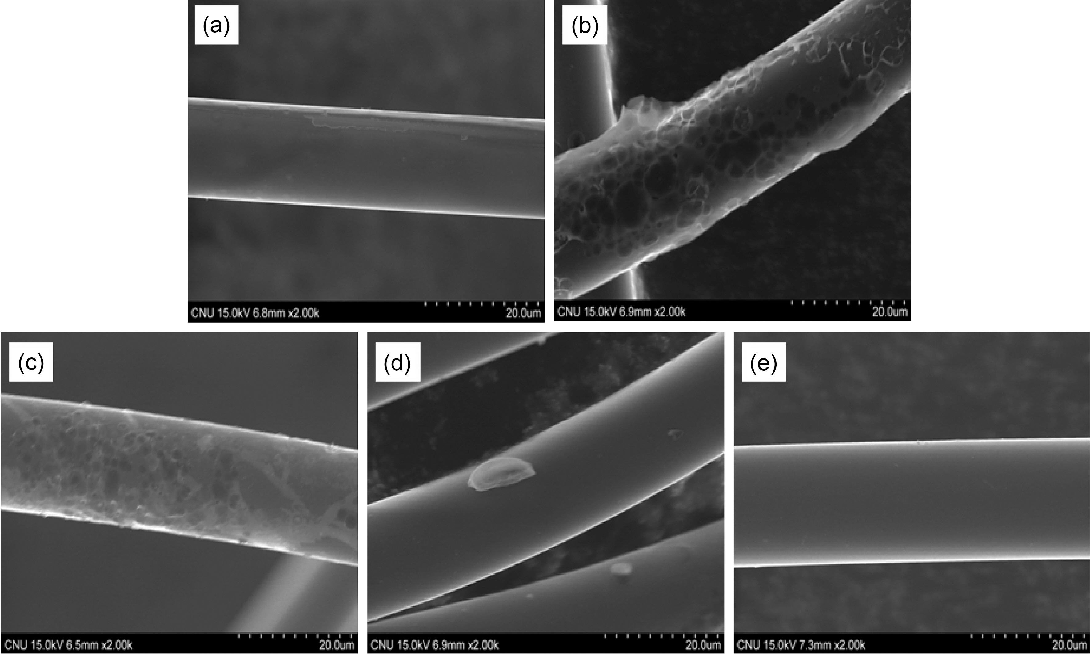 Surface morphologies of (a) the as-received and the modified ACFs after propellant waste impregnation and heat-treatment at (b) 200 (c) 300 (d) 400 and (e) 500℃.