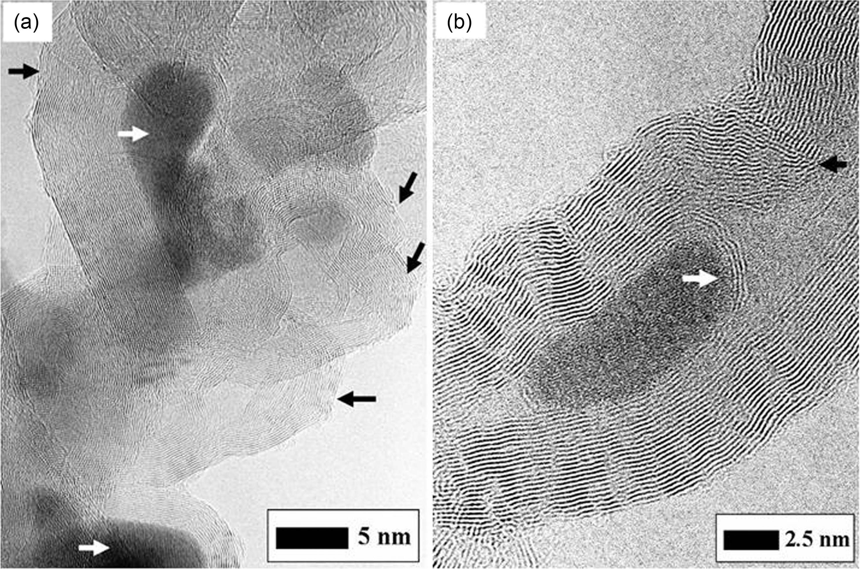HRTEM images of the as-received MWNT: (a) is very sinuous and entangled including impurities (see the white arrow) and pre-existing defects (see the black arrow) and (b) shows asymmetrical formation of inside cap.