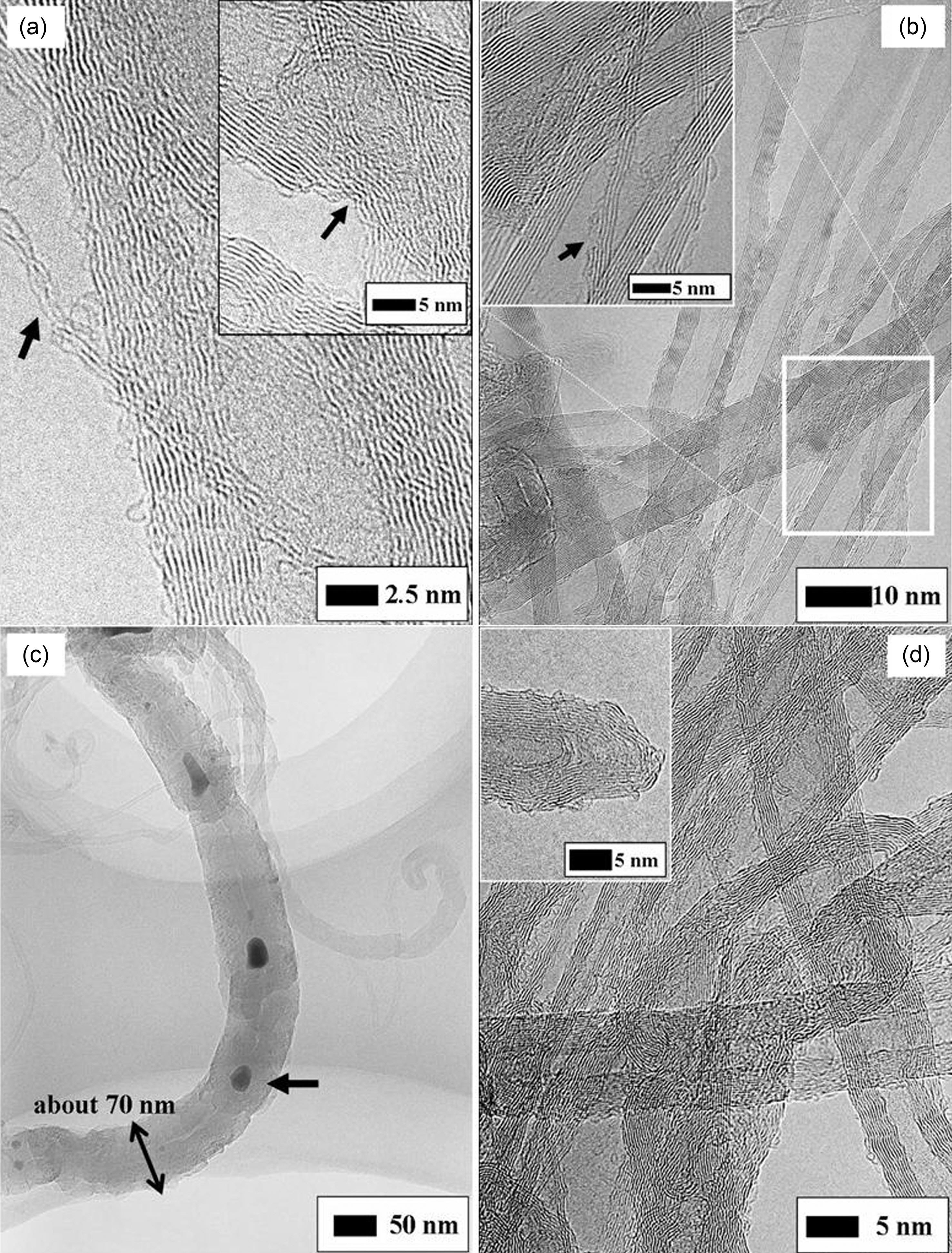 HRTEM images of the MWNT oxidized under several conditions represented in Table 1; (a) N1 are thinned and locally damaged (b) N3 retain intrinsic geometry (c) M1 is completely ruptured and (d) M2 are partially stripped-off.