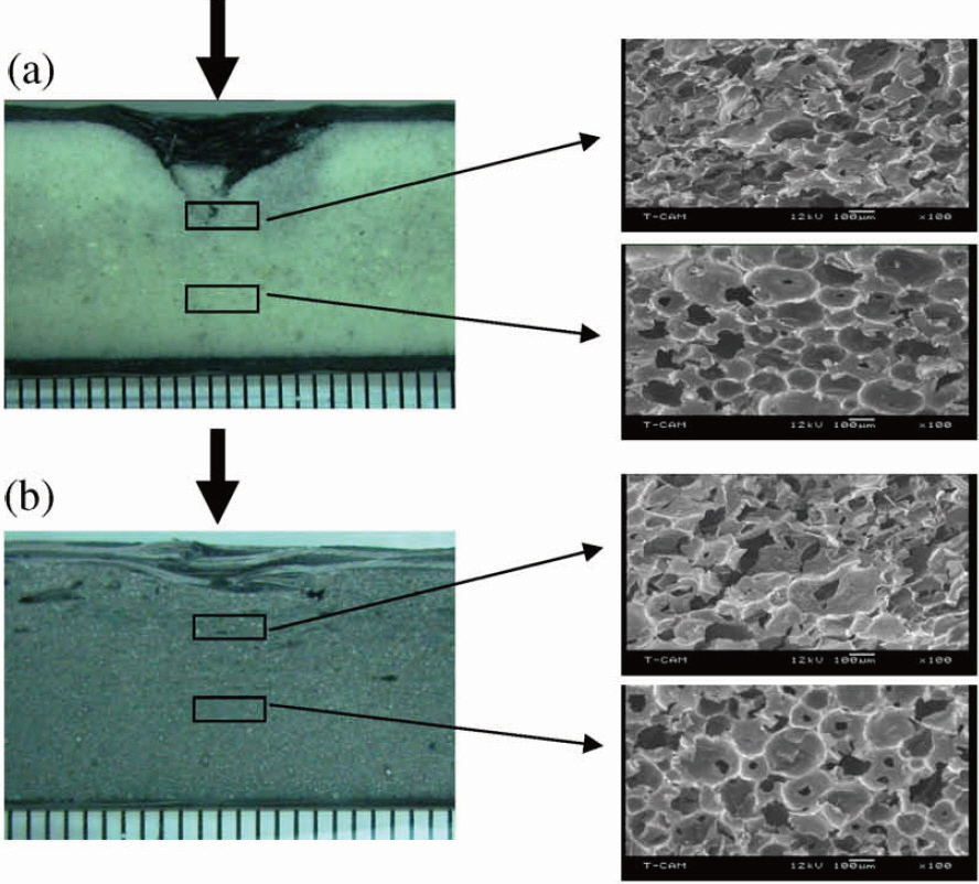 Scanning electron microscope images of sandwiches with (a)neat (b) 0.2% carbon nanofiber infused cores tested at 29 J(arrow indicating impact location) (Bhuiyan et al. 2009).