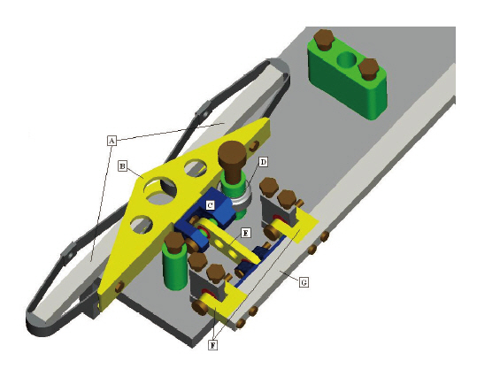 The slider-crank mechanism (ACF1) design for the ACF. A)peizoelectric actuators B) actuator pairing block C) slidertransmission block D) roller sub-assembly E) control rod F)flap hinges G) flap. ACF: actively controlled flap.