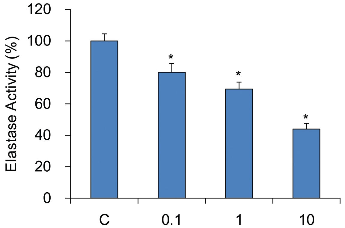 Effect of YHE on inhibition of elastase activity. C: control distilled water treated group. 0.1 1 and 10: Yukmigeehwang-hwan extracts treated group (0.1 1 and 10 mg/ml). Data are expressed as the mean ± SEM of three experiments. *: significantly different from control p  ？ 0.05.