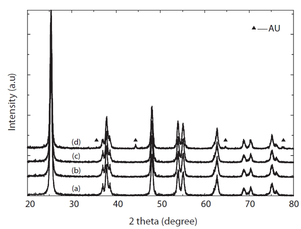 XRD patterns of Au doped nano TiO2 with different wt %. (a)0.1 wt % (b) 0.3 wt % (c) 0.5 wt % and (d) 1.0 wt %.