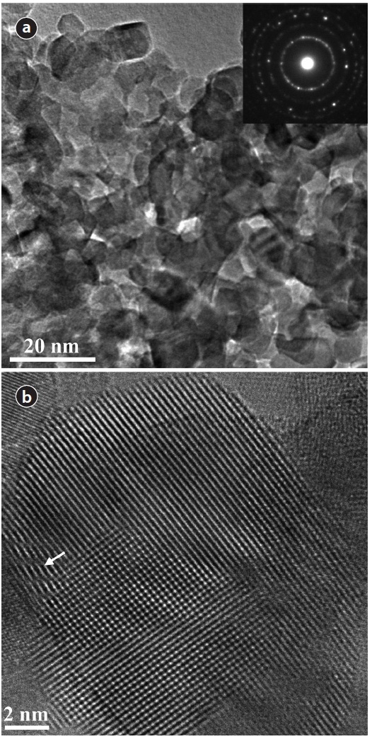 TEM images of (a) 0.5 wt % Pt doped nano TiO2 and (b)magnified image of a single nano particle with clear lattice fringes.