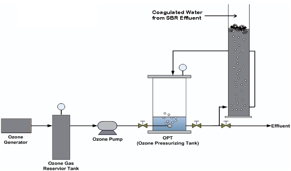 Schematic diagram of the dissolved ozone flotation-pressurized ozone oxidation treatement (DOF-PO2) system.