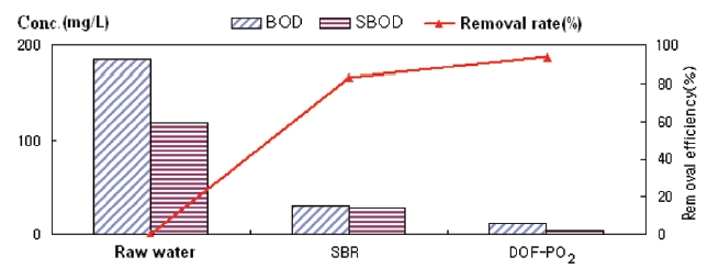 Removals rates of BOD and SBOD by the sequential batchreactor (SBR) and ozone (dissolved ozone flotation-pressurizedozone oxidation treatement [DOF-PO2]) in series from pigmentwastewater.