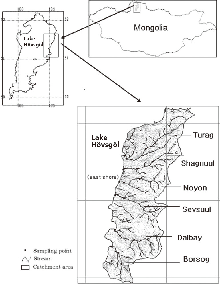 Map showing location of the Lake Hovsgol watershed and streams in this study.