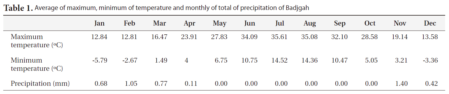 Average of maximum minimum of temperature and monthly of total of precipitation of Badjgah