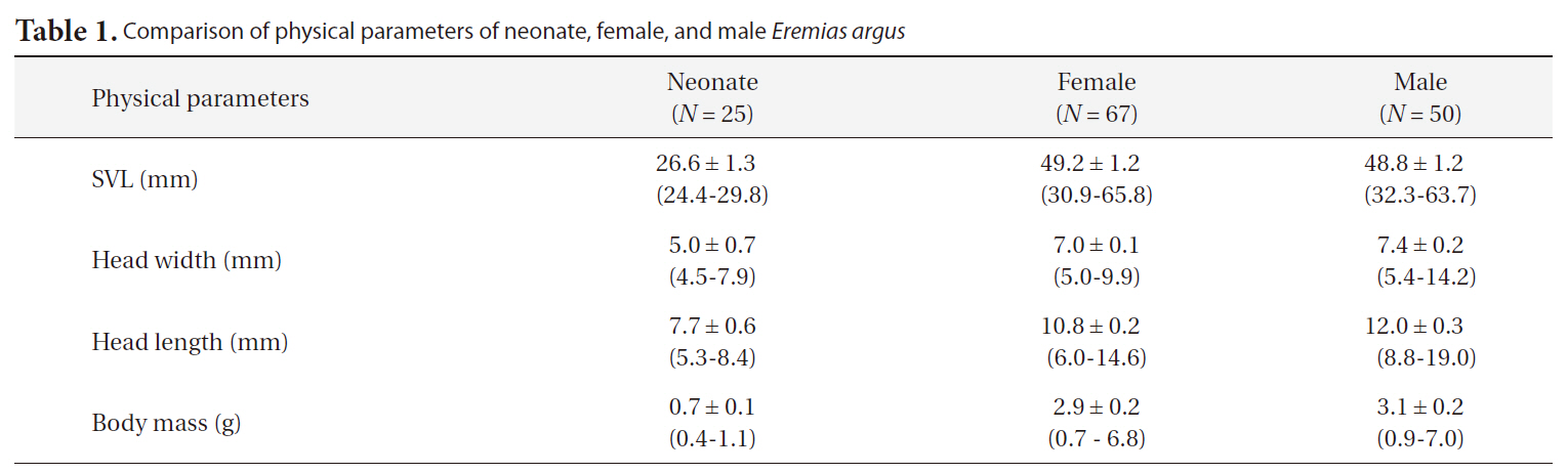 Comparison of physical parameters of neonate female and male Eremias argus