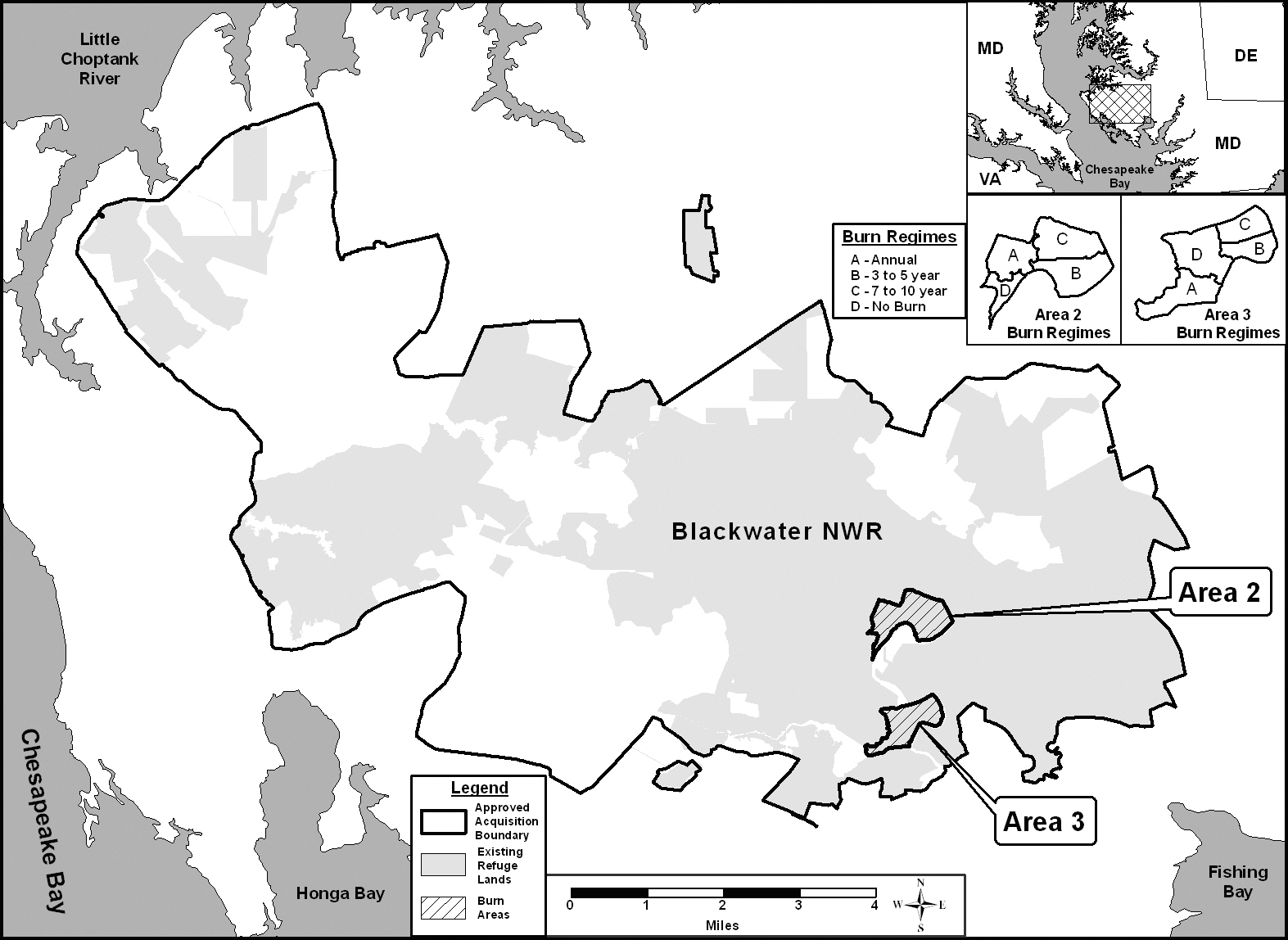 Map of Blackwater National Wildlife Refuge (NWR). Study areas 2 and 3 divided into the different burn regimes including control site (no-burn).