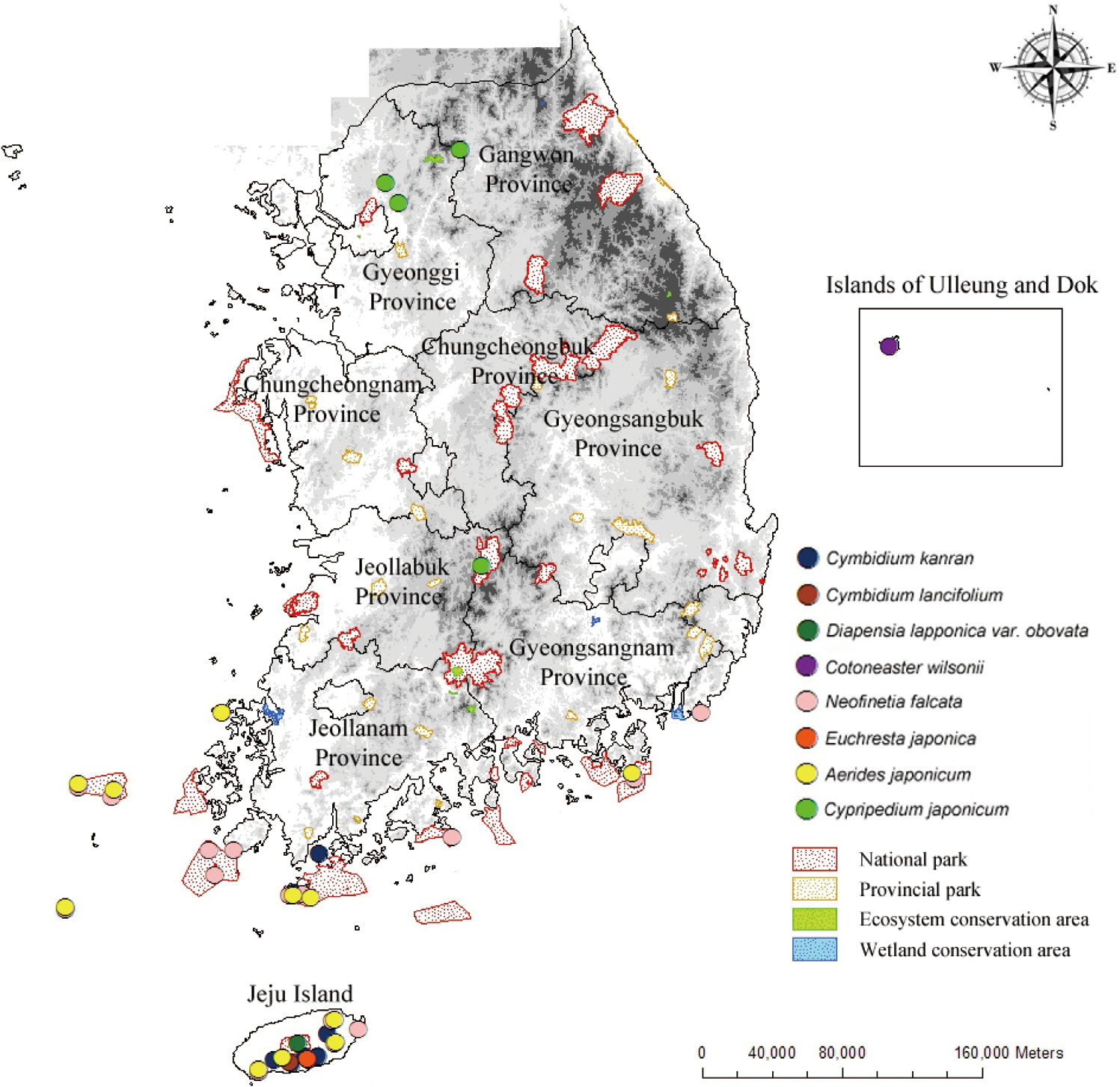 Map showing the habitats of endangerment class I species (N = 8) overlaid with various conservation areas in Korea (20 national parks 21 provincial parks 12 ecosystem conservation areas and 7 wetland conservation areas).
