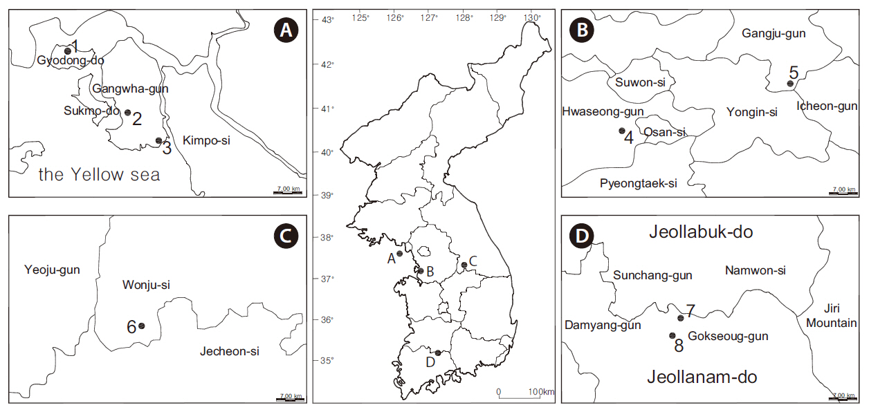 Study areas. 1 Incheon Gangwha-gun Gyodong-do; 2 Incheon Gangwha-gun Yangdo-myeon Dojang-ri; 3 Incheon Gangwha-gun Gilsang-myeon Giljick-ri; 4 Gyeonggi-do Hwaseong Jungnam-myeon; 5 Gyeonggi-do Gangju Docheok-myeon Nogok-ri;6 Gangwon-do Wonju guile-ri; 7 Jeolla-nam-do Gokseong Singi-ri;8 Jeollanam-do Gokseong Wolbong-ri.