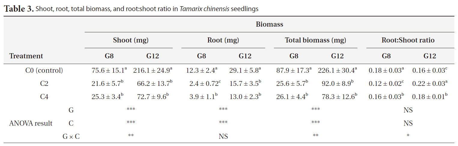 Shoot root total biomass and root:shoot ratio in Tamarix chinensis seedlings