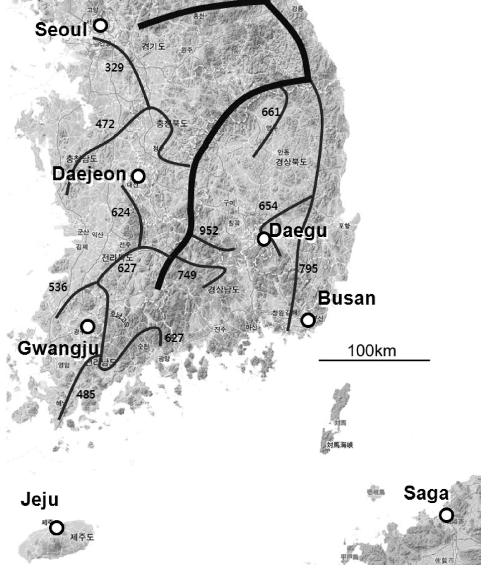 Sampling sites used in this study. Thick line represents the main mountain range bisecting the Korean peninsula (Baekdudaegan average height: 1248 m) and the thin lines represent secondary mountain ranges (adopted from Kim et al. 2004). Numbers shown near the thin lines are the average height of the secondary mountain ranges. Recording dates were May 9th 16th and 23rd for Seoul April 19th and 20th for Daejeon April 2nd and May 6th for Daegu April 8th and 9th for Gwangju March 19th and 20th for Busan March 15th and 25th for Jeju and April 16th and 18th for Saga. Map was taken from Google Earth.