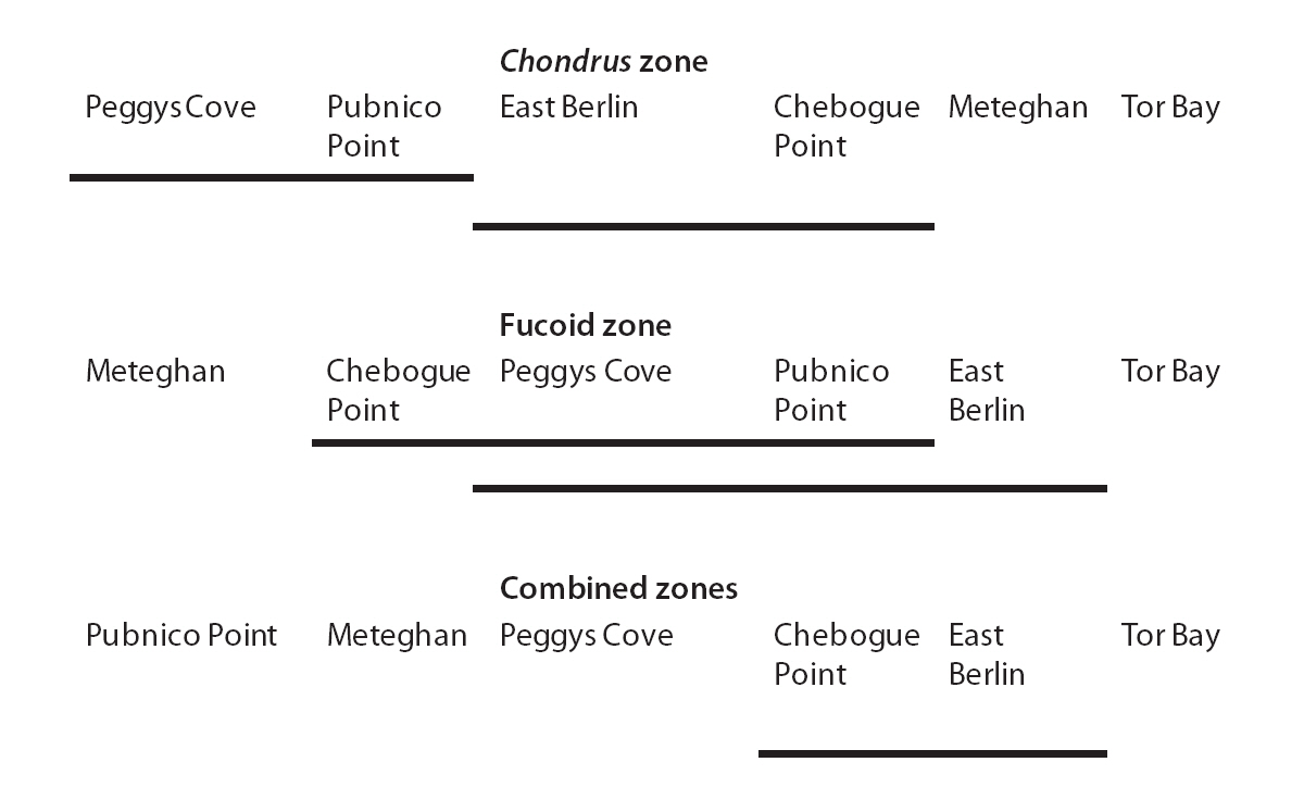 Heterogeneity Goodness of Fit test showing homogeneous sites as underlined based on analyses of fronds of Chondrus crispus from the Chondrus-zone the fucoid zone and Chondrus-fucoid-zones combined.