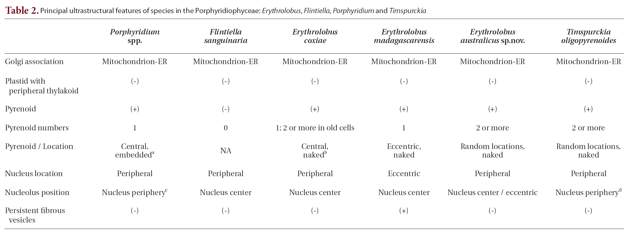 Principal ultrastructural features of species in the Porphyridiophyceae: Erythrolobus Flintiella Porphyridium and Timspurckia