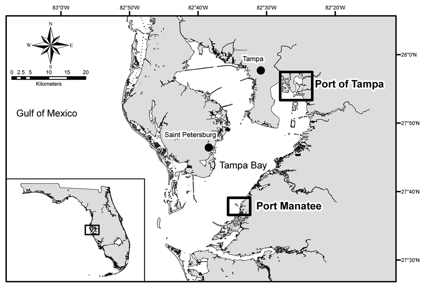 Map of Tampa Bay Florida USA showing the Port of Tampa and Port Manatee.