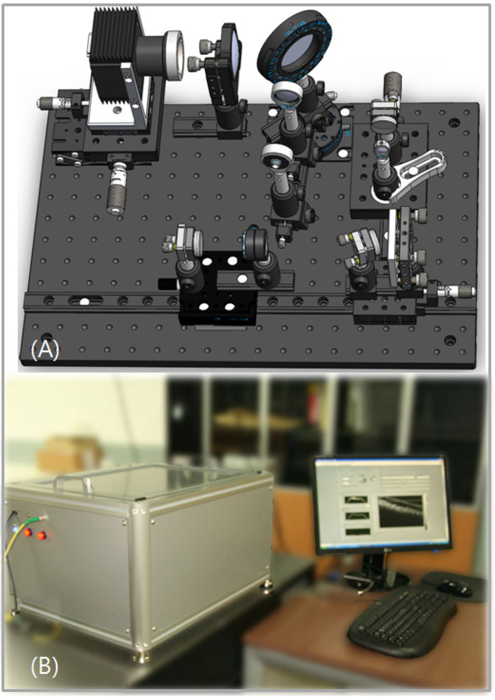 SD-OCT system (a). Solidworks CAD design of SD-OCT (b). SD-OCT system.