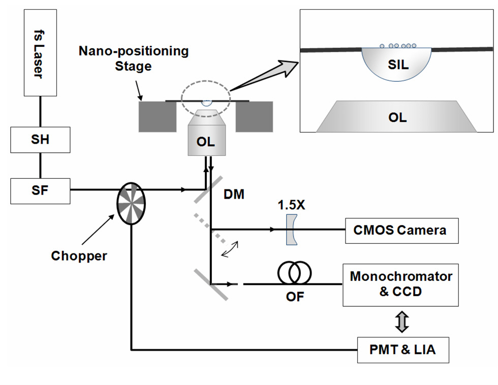 Schematic of a SIL microscope setup combined withspectroscopy instruments. CCD: charge-coupled device CMOS: complementary metal-oxide semiconductor DM:dichroic mirror LIA: lock-in amplifier OF: optical fiber OL: objective lens PMT: photomultiplier tube SH: secondharmonic unit SF: spatial filter unit and SIL: solid immersion lens.