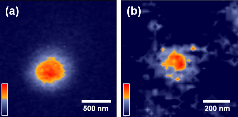 Scanning mode PL images of single CdSe nanocrystals: (a) scanning optical microscope images and (b) scanning SIL microscope images.