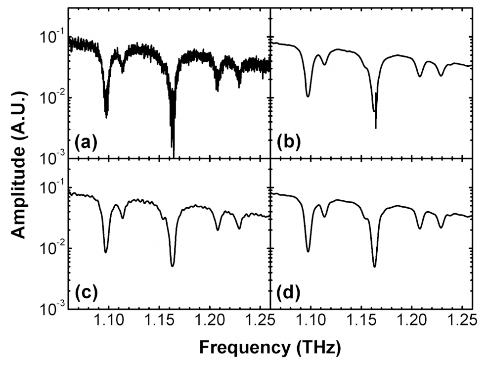 Magnified views at around 1.16 THz of the raw spectrum (a) and the spectra denoised using the Haar waveletat the scale of 5 (b) the Daubechies wavelet with 10 vanishing moments at the scale of 4 (c) and the Daubechies wavelet with 10 vanishing moments at the scale of 5 (d) respectively.
