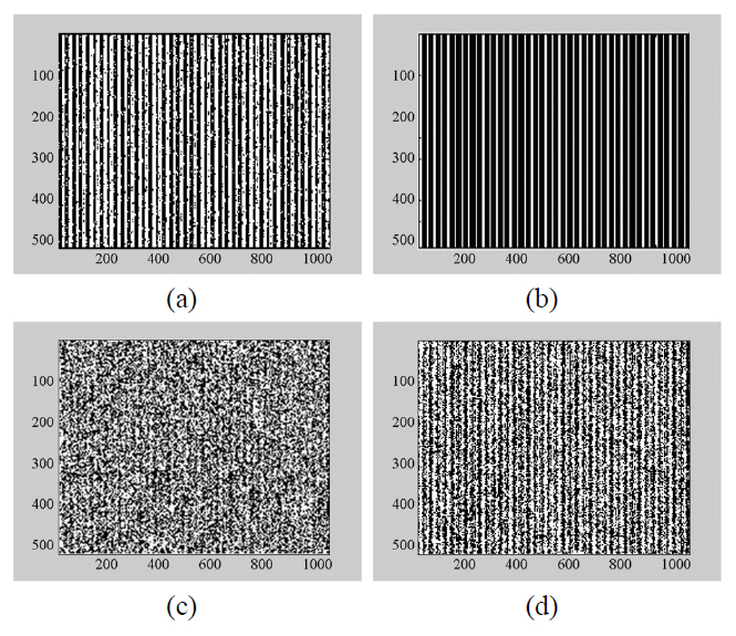 Interference fringe pattern enhanced by adopting newiterative filter ; (a) without iterative filter(match) (b) withiterative filter(match) (c) without iterative filter(mismatch)(d) with iterative filter(mismatch).