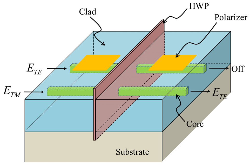 Device structures of the waveguide polarizationconverters with the RM film inserted in the middle of thepolymer waveguide. Metal layers are placed above thewaveguide for realizing a polarizer-analyzer configurationto facilitate the investigation of the polarization converters.