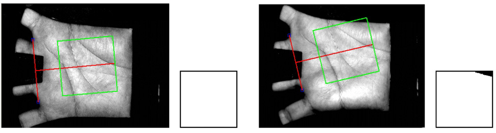 Palm images captured from the same person: (a)example of the normal placement of a palm and its ROI andmasking map and (b) example of the misplacement of a palmand its ROI and masking map.