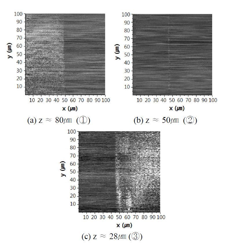 Three xy-sectional images of the optical waveguidemeasured with FOCSM with an oil-immersion lens. Theheights of the three images are denoted as symbols ① ② and ③ respectively in Fig. 6(b).