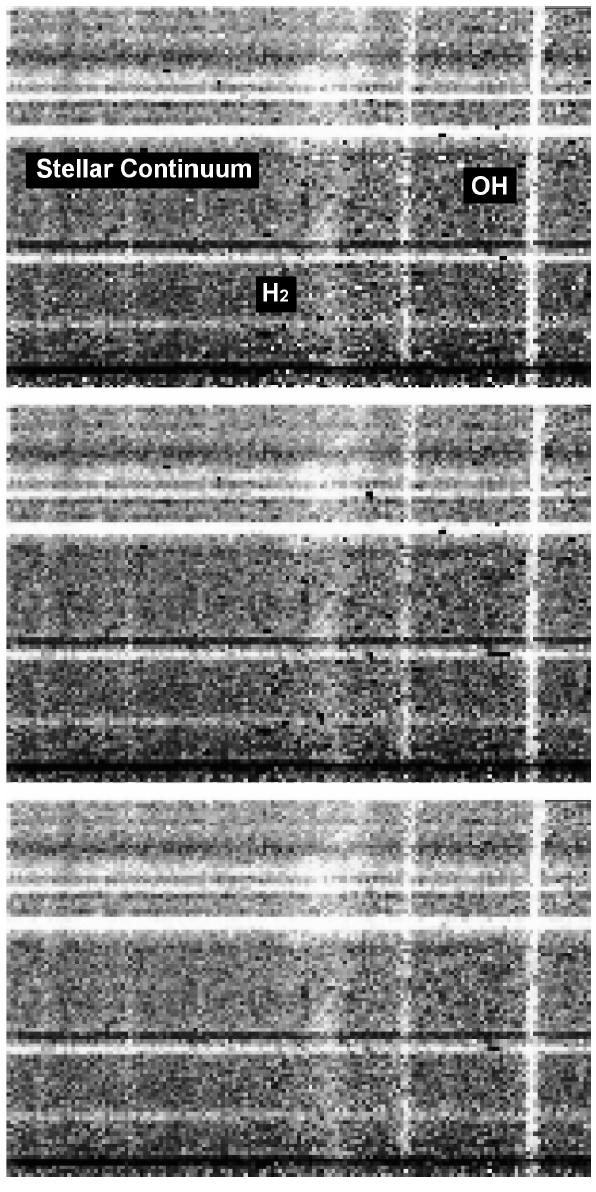 Example of cleaning bad pixels. (top) A sky-subtracted spectral image. (middle) After the first correction for the bad pixels with positive values. (bottom) After the second correction for the negative bad pixels which were over-subtracted in the sky subtraction.