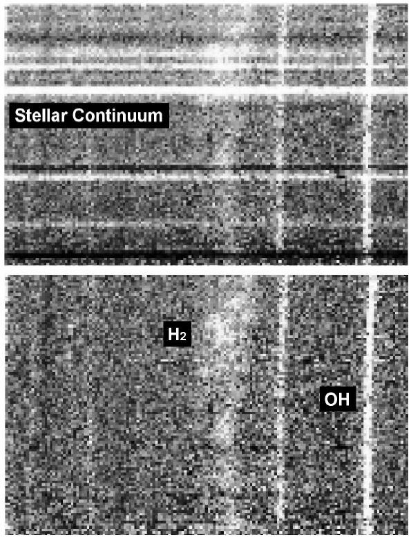 Example of cleaning stellar continua. (top) The spectral image from Fig. 3 after the bad pixel correction. (bottom) After the correction for stellar continua.