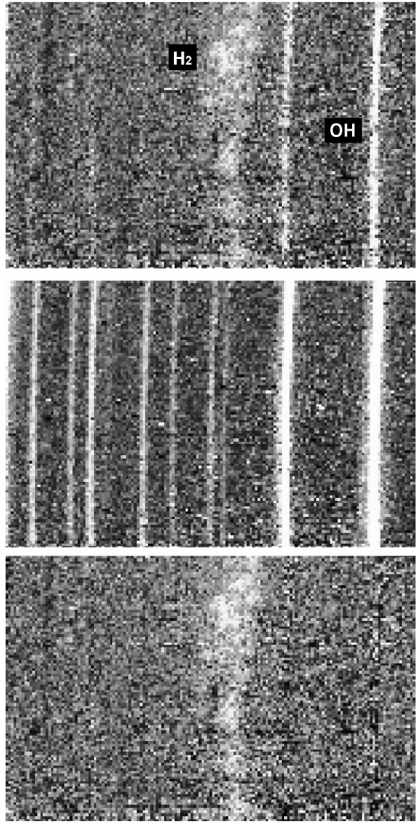 Example of cleaning telluric OH lines. (top) The spectral image from Fig. 4 after the correction for bad pixels and stellar continua. (middle) The sky template of telluric OH lines from Fig. 5 after the correction for bad pixels and stellar continua. (bottom) After all the process of cleaning contaminations including the telluric OH lines.