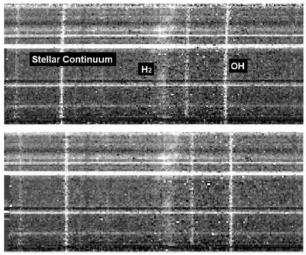 Example of correction for spatial and spectral distortions. (top) A spectral image before the correction for distortions. (bottom) After correcting for both spatial and spectral distortions. Note that this is an example at the pre-cleaning stage which is still contaminated by stellar continua and telluric OH lines but shows best the impact of distortions.