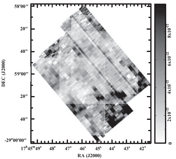 Unsuccessful example of mosaicking data cubes using the MIRIAD task LINMOS. The velocity-averaged H2 1-0 S(1) map from such a combined data cube. The intensity level is indicated by the right-side bar in Wm-2 arcsec-2 km-1s.