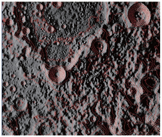 North pole lunar terrain using SELENE LALT digital elevation map (zoom = 30).