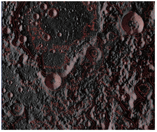 North pole lunar terrain using LRO LOLA digital elevation map (zoom = 30).
