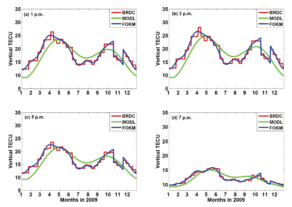 Comparison of vertical TECU estimated by BRDC MODL and FOKM at 4 different daytime epochs in 2009. TECU: total electron content unit BRDC: broadcast MODL: modified model FOKM: Fourier Klobuchar model.