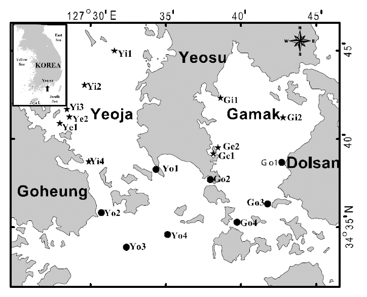 Map showing the sampling stations to collect fish larvae in Gamak Bay and Yeoja Bay between January and December 2007. Stars indicate the stations inside the bays and circles outside the bays.