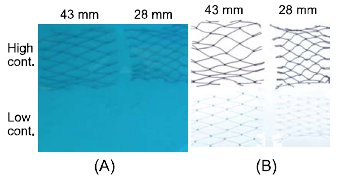 The high contrast netting (upper) and low contrast transparent netting (lower) of 43 mm and 28 mm mesh size viewed against the blue background of the water tank (A) and the white background of the air (B). Cont. contrast.