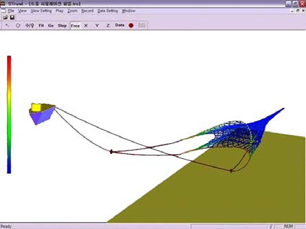 Underwater shape of the midwater trawl gear simulated on a computer.