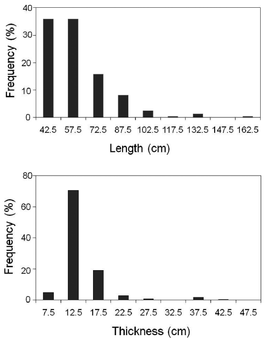 Frequency distribution of length and thickness from the “larger than 35 cm” echogram which was created using a threshold with a minimum length of 36 cm.