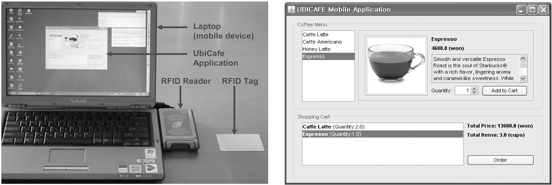 UbiCafe application. The left picture is hardware prototype of customer’s mobile device for UbiCafe application and the right snapshot is a graphicaluser interface for a customer.
