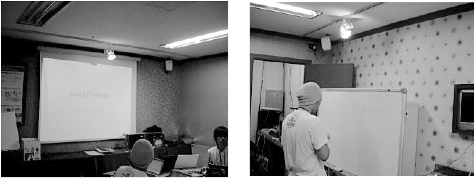 Snapshots of Smart Presenter implemented on a smart room. The left picture shows a presentation situation and the right picture shows a situationthat a presenter approximate the whiteboard.