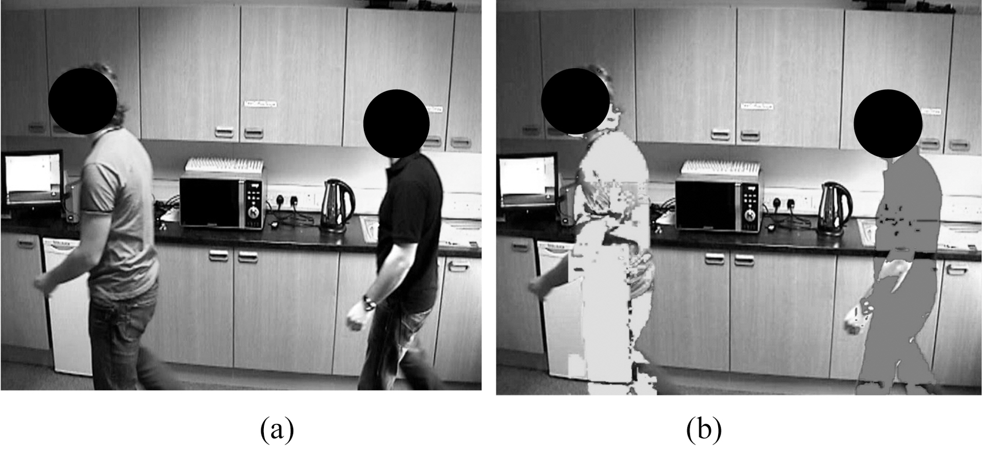 Video processing will be capable of taking the original videosequence as shown in (a) and computing areas of motion representativeof humans as shown in (b).
