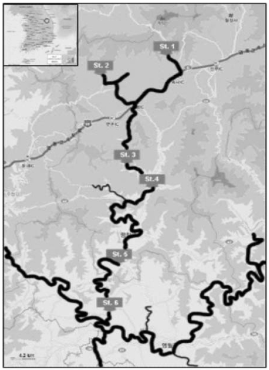 Map of the Pyeongchanggang River sampling sites.