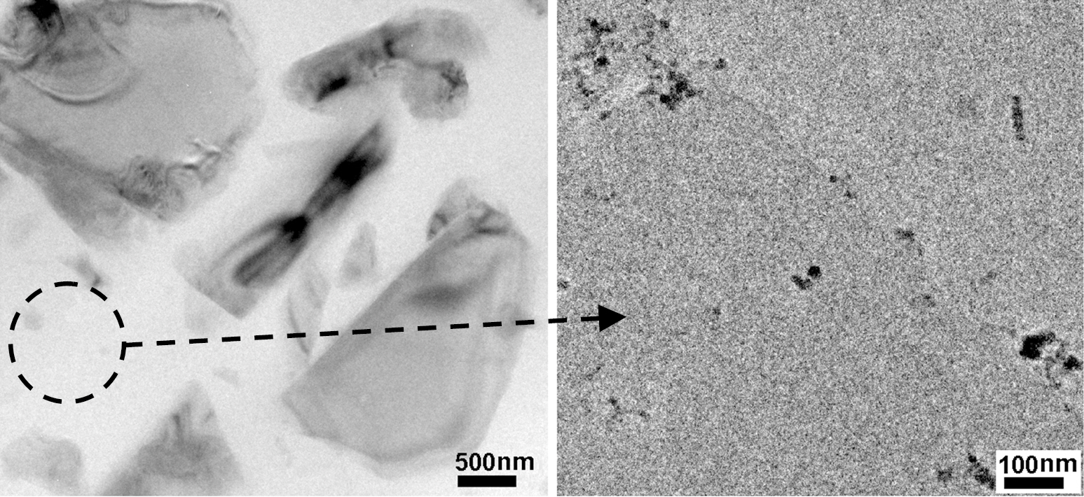 Low magnification (left) of transmission electron microscopyimage for EMNC-335/4 and high magnification (right) for nanosilicas.
