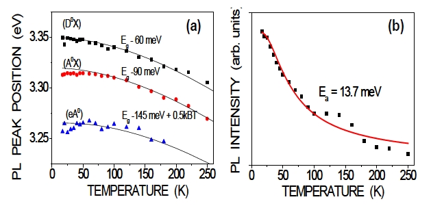 (a) Temperature-dependent peak positions and their fitted curves for (D0X) (A0X) and (eA0) and (b) temperature dependence of the (A0X) peak intensity of annealed N-doped ZnO thin films. PL: photoluminescence.
