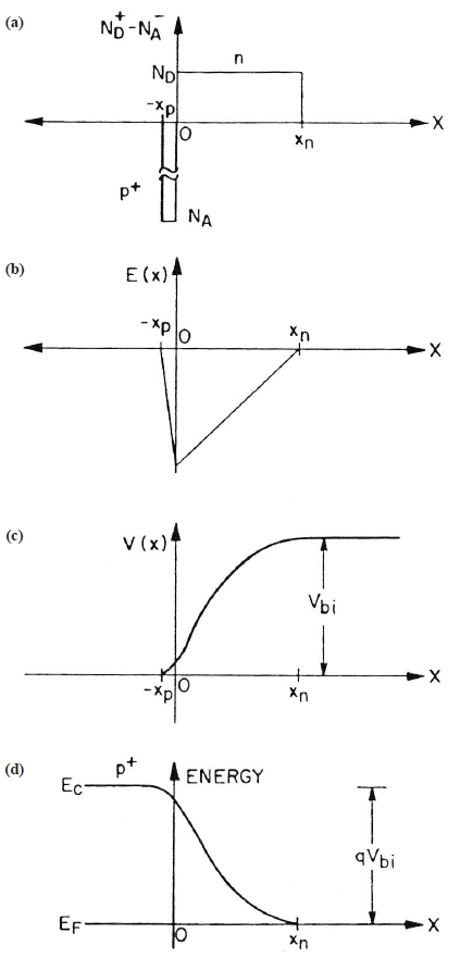 (a) space charge (b) electric field (c) electrostatic potential (d) electron energy for an abrupt p+n junction diode.